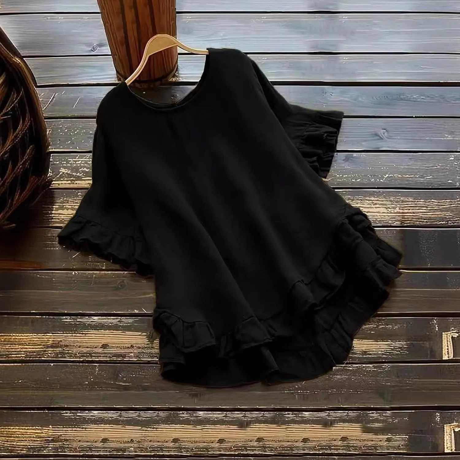 Women's Casual Ruffle Blouses Cotton Linen Plus Size Short Sleeve Tops Summer Loose Fit Fashion Ruffled Hem Shirts