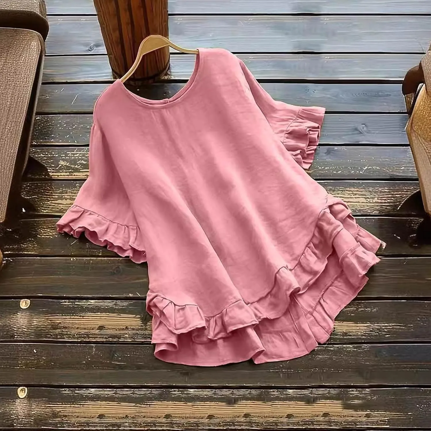 Women's Casual Ruffle Blouses Cotton Linen Plus Size Short Sleeve Tops Summer Loose Fit Fashion Ruffled Hem Shirts