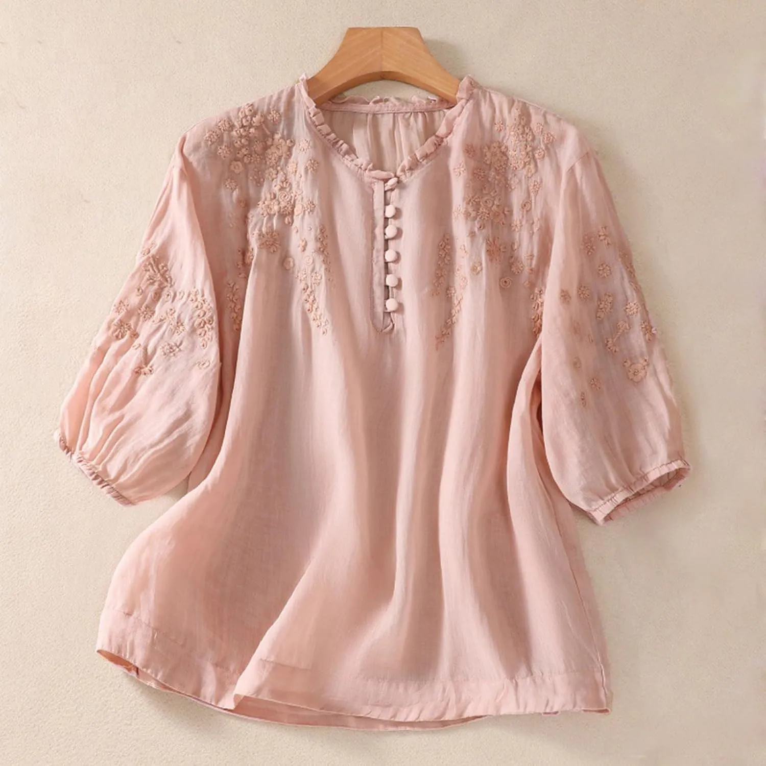Women's Cotton Linen Button Short Sleeve Shirts Summer Loose Crew Neck Casual Boho Top Vintage Embroidered Blouse Tops