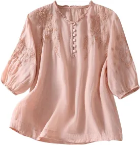 Women's Cotton Linen Button Short Sleeve Shirts Summer Loose Crew Neck Casual Boho Top Vintage Embroidered Blouse Tops