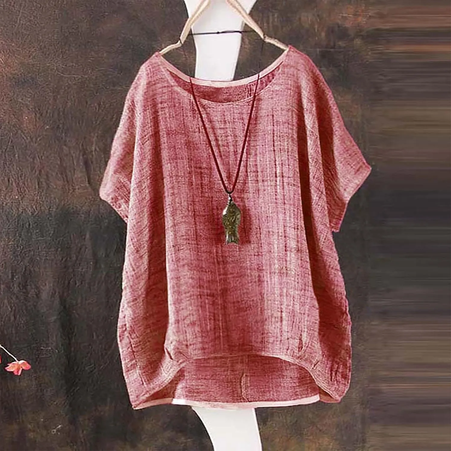 Women's Summer Cotton Linen Boho Floral Short Sleeve Tunic Tops Casual Comfy Womens Tops Oversized Business