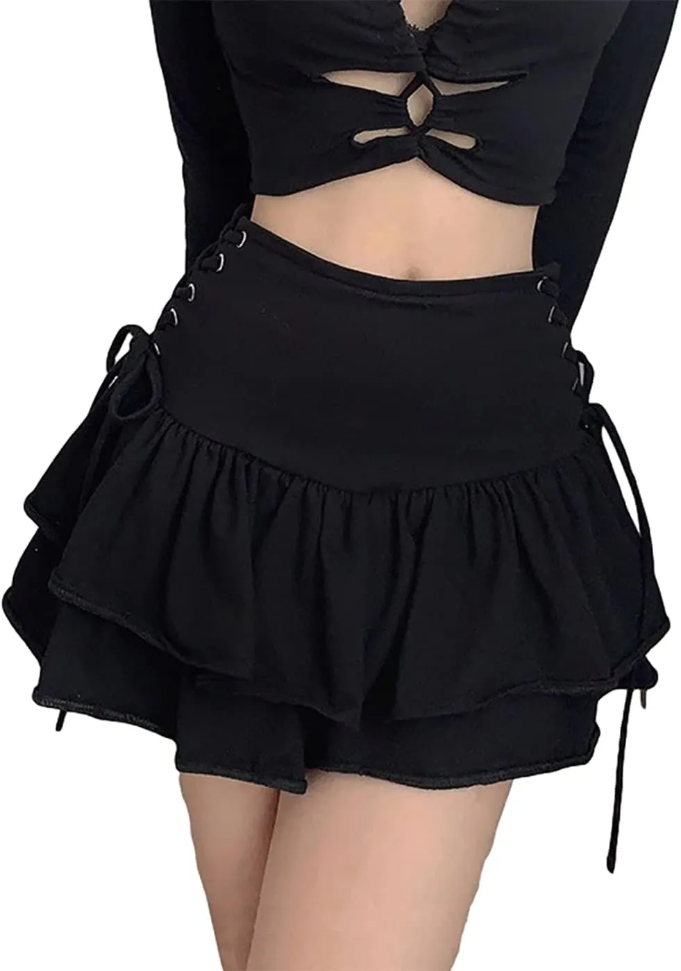 Womens Y2k Gothic Skirt High Waisted Lace Up Double Layered Ruffles Punk Mini Emo Skirts