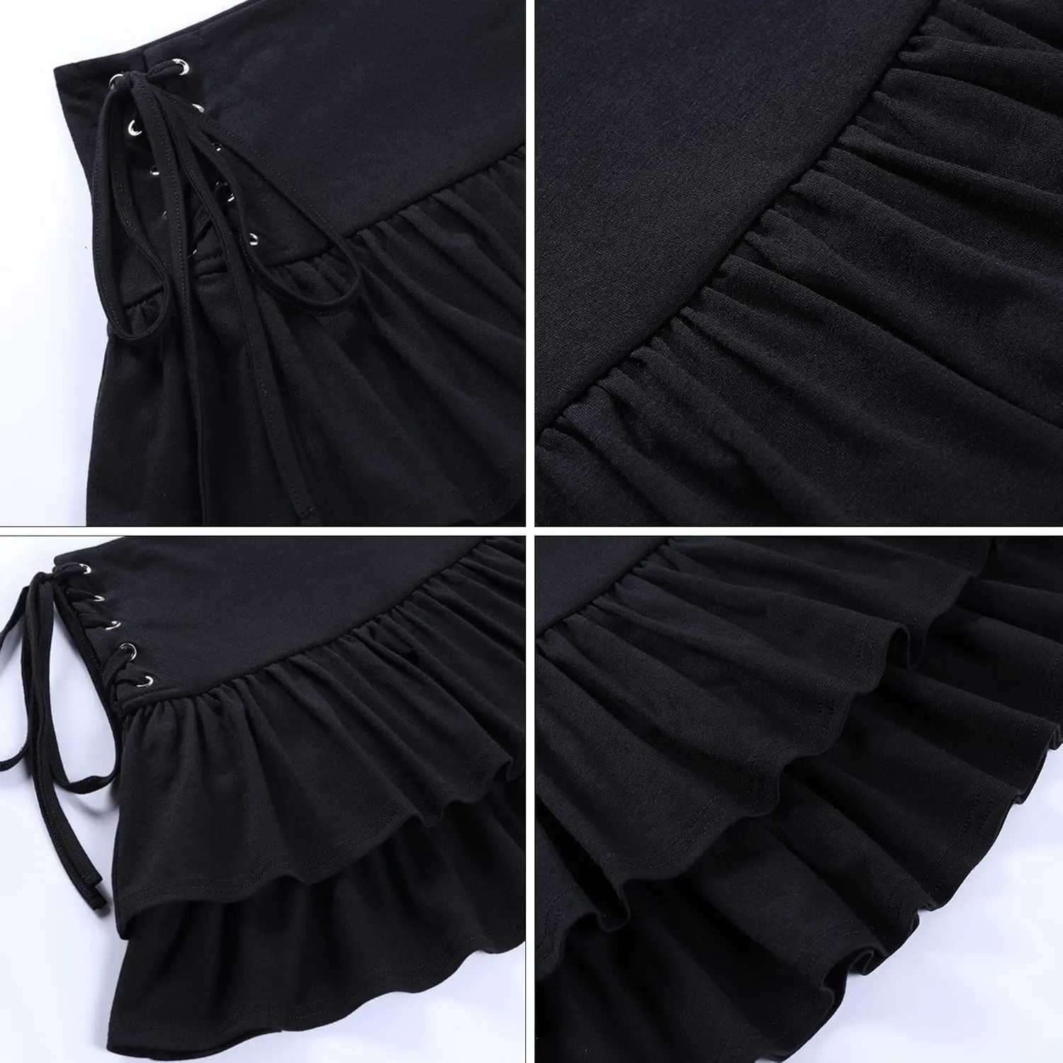 Womens Y2k Gothic Skirt High Waisted Lace Up Double Layered Ruffles Punk Mini Emo Skirts