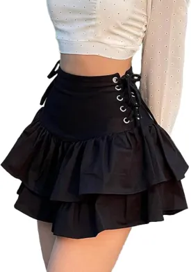 Womens Y2k Gothic Skirt High Waisted Lace Up Double Layered Ruffles Punk Mini Emo Skirts